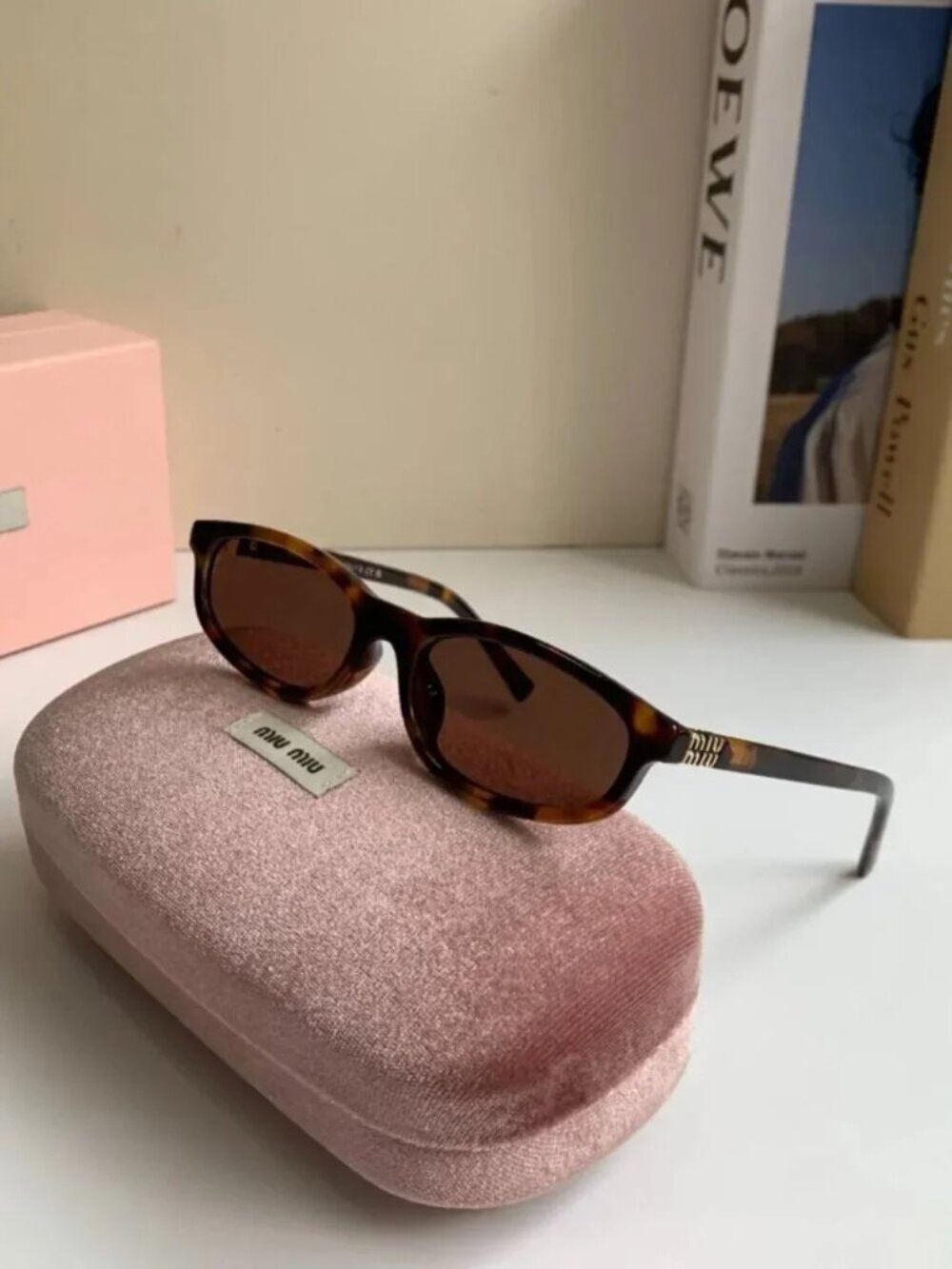 MIU MIU Tortoise Shell Oval Sunglasses Brown Lens Gold Logo